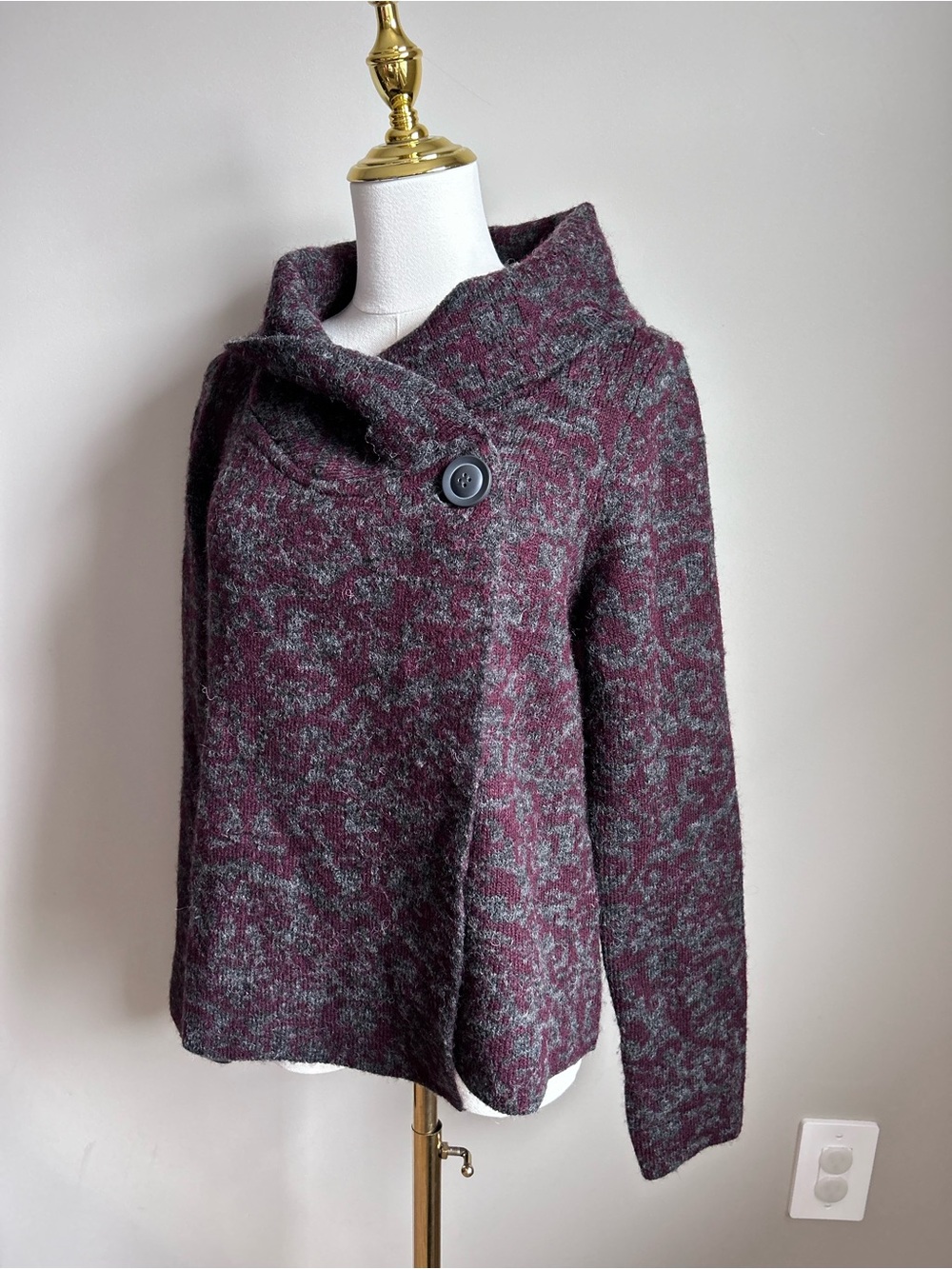 Wool blend Asymmetrical Button Mock Neck Sweater Jacket Burgundy Gray fall cozy
